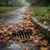 Rain-soaked autumn leaves clogging a European park stone pathway and storm drain, municipal grounds cleanup