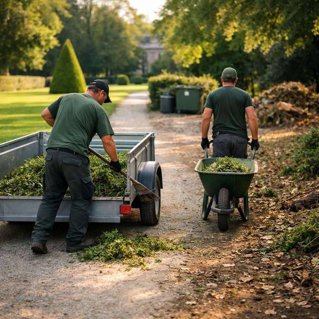 Tagantvaates meeskond hargib ja laadib hekipuude pügatud hekke üldisele haagisele ja kärule, kui koristatakse kinnistu territooriumi.