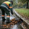 Worker raking wet leaves off curb drain channel; damp park cleanup for efficient leaf collection workflows. Square format 1:1.
