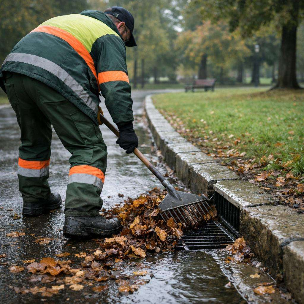 Worker raking wet leaves off curb drain channel; damp park cleanup for efficient leaf collection workflows. Square format 1:1.
