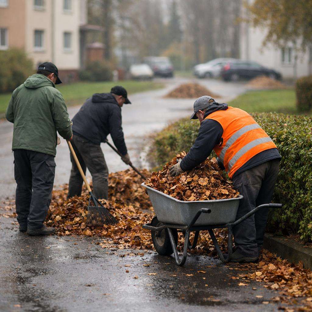 Lehte koristavad töövõtjad: töötajad hargivad ja laadivad kärusid Euroopa haljastustöödel, sügis.