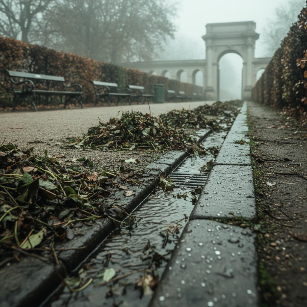 Ein verregneter, mit nassem Laub vollgestopfter Spätherbstweg der Parkverwaltung zeigt die üblichen Fehler bei der Laubbeseitigung und Ineffizienz
