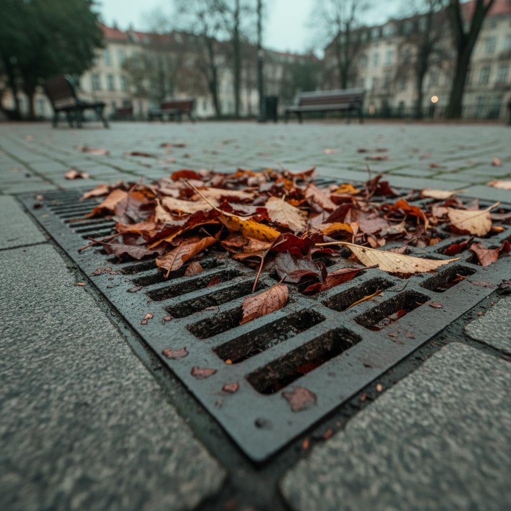 Verstopfter Bordsteinabfluss unter nassem Herbstlaub zeigt das Risiko von Ausfallzeiten bei der Grünflächenpflege