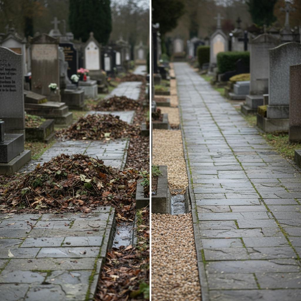 Gesplittete Ansicht eines mit nassem Herbstlaub verstopften Friedhofsweges im Vergleich zu einem sauber geräumten Gelände