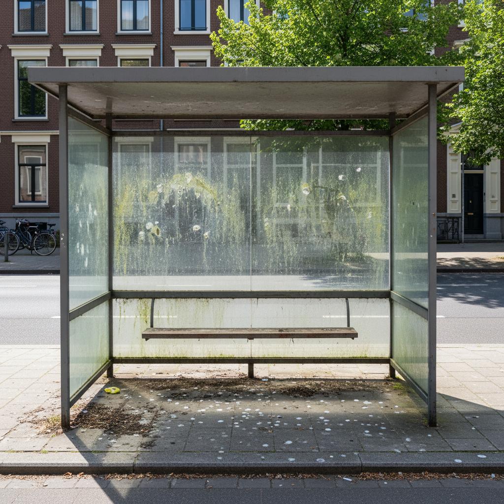 Vernachlässigtes europäisches Buswartehäuschen mit algenbewachsenem Glas, schmutzigem Rahmen und schmutzigem Pflaster, das einer gründlichen Reinigung bedarf
