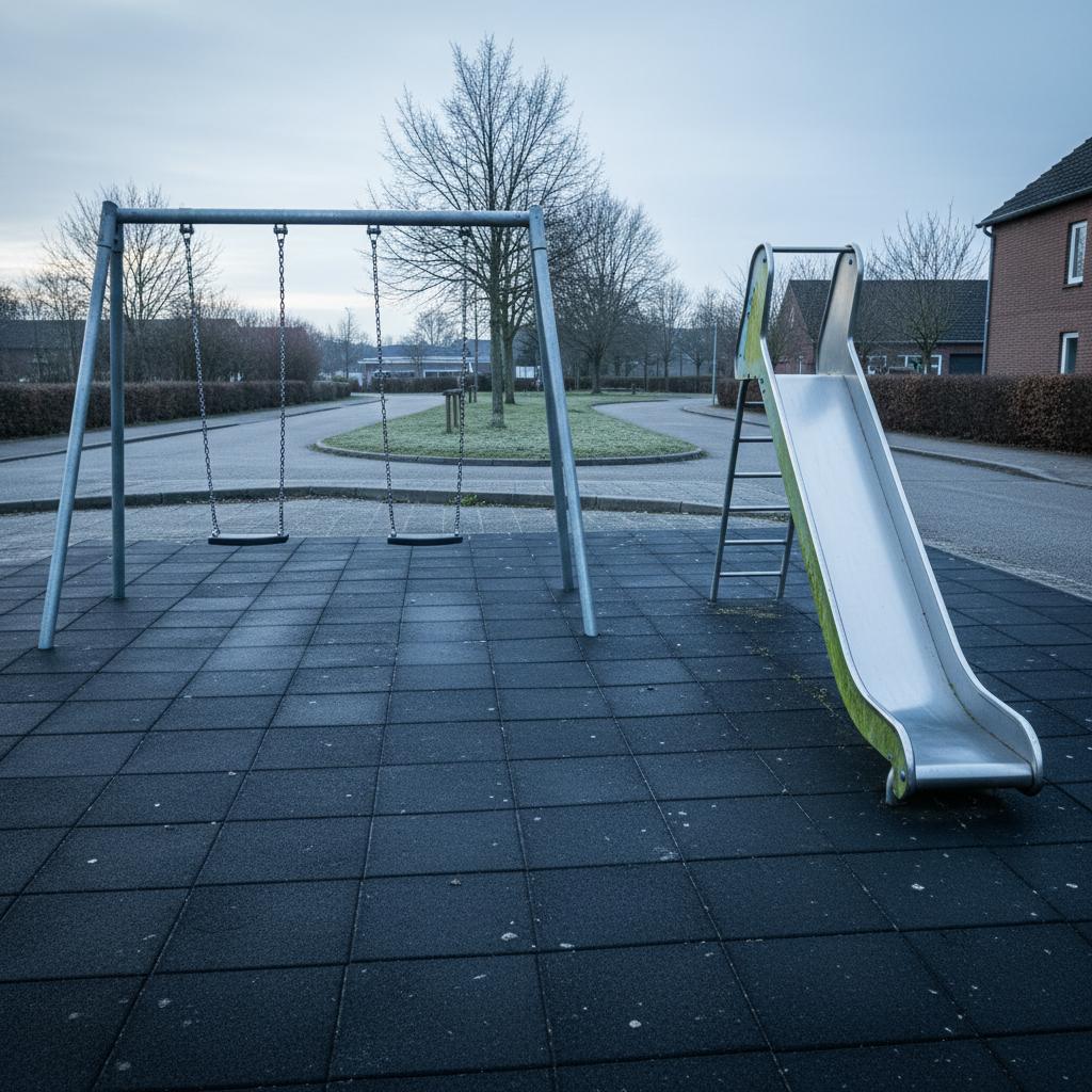Leerer europäischer Spielplatz mit Algen und Schmutz auf der Rutsche und dem Gummibelag, der mobil gereinigt werden muss