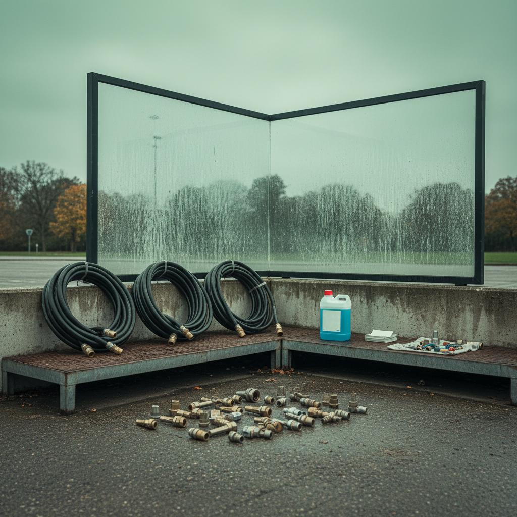 Overhead-Setup-Stillleben mit losen Waschkomponenten und verschmutztem Schutzglas, das zeigt, warum eine schnelle Reinigung länger dauert