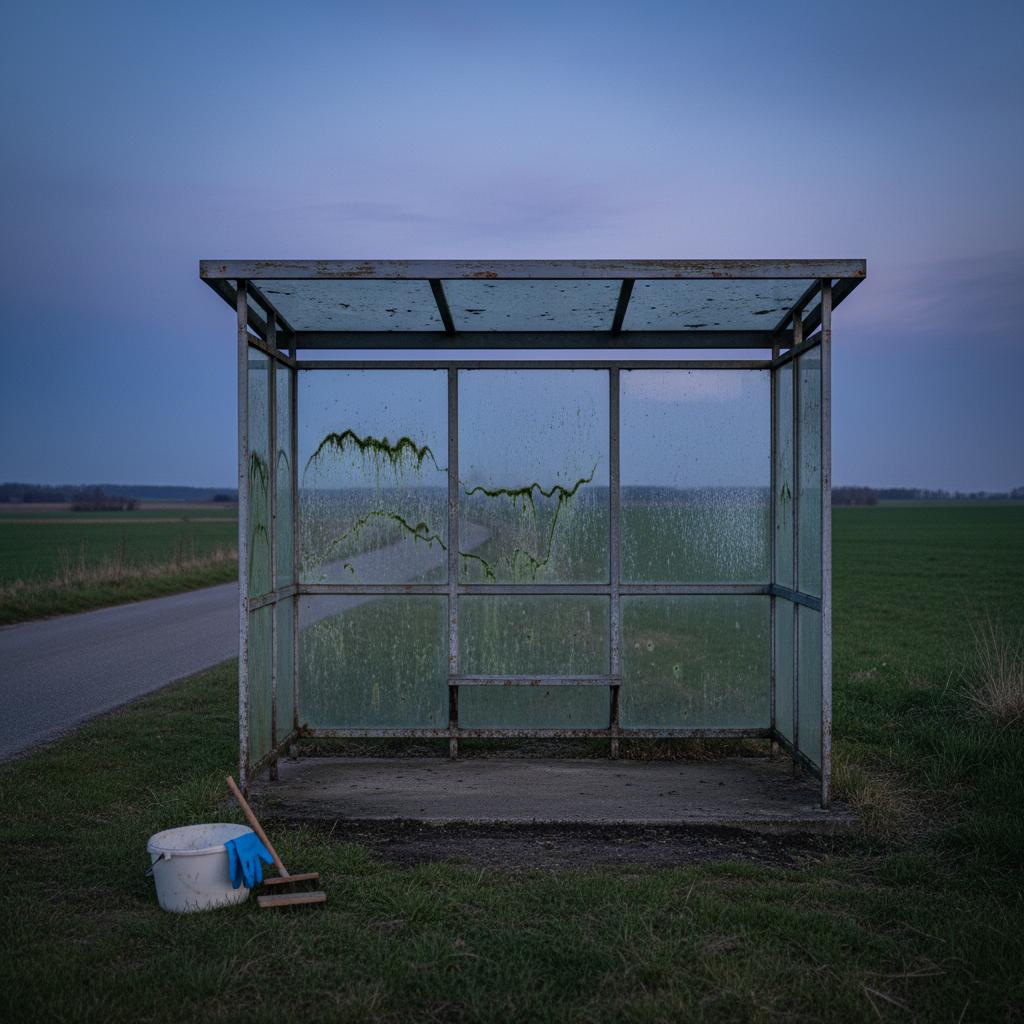 Abgelegenes Buswartehäuschen auf dem Lande in der Abenddämmerung, das mit Schmutz und Algen bedeckt ist und eine mobile Hochdruckreinigung ohne Wasserhahn benötigt