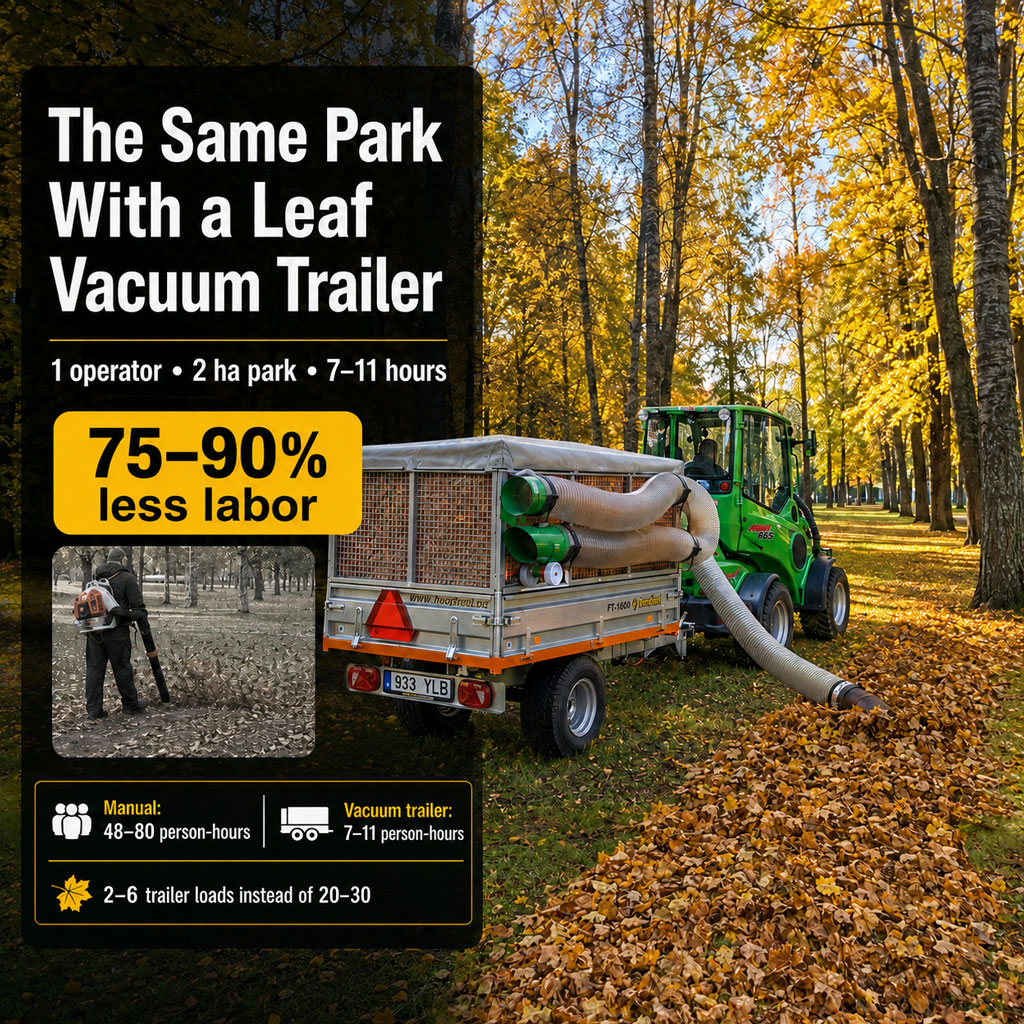 Autumn park leaf cleanup with a Foresteel-style leaf vacuum trailer and compact loader collecting a large windrow of leaves, with infographic text comparing manual cleanup to vacuum trailer efficiency: 1 operator, 2 ha park, 7–11 hours, and 75–90% less labor.